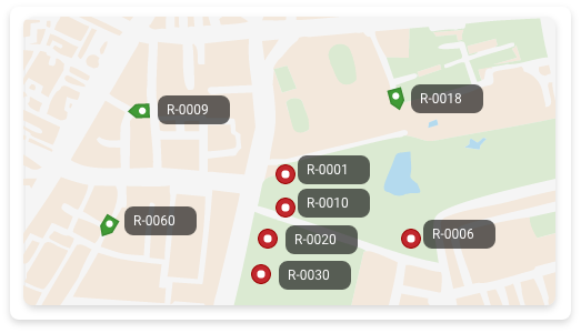 Geolocalización para cajas y remolques, ejemplo de vista de unidades en mapa con etiqueta
